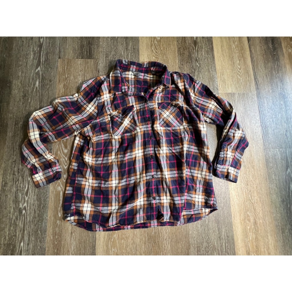 Eddie Bauer Flannel Shirt Womens 2XL Navy Orange Pink Plaid Excellent Button Up